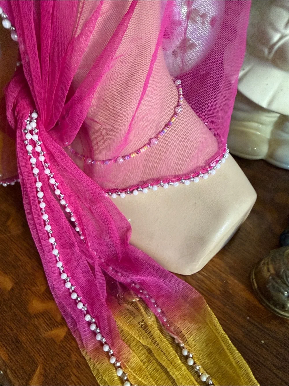 Bright Pink and Yellow Beaded Sheer Scarf - Women's Wrap